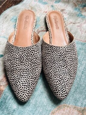 Madewell Pointed Slip-On Mules in Black and Cream Animal Spot 8.5